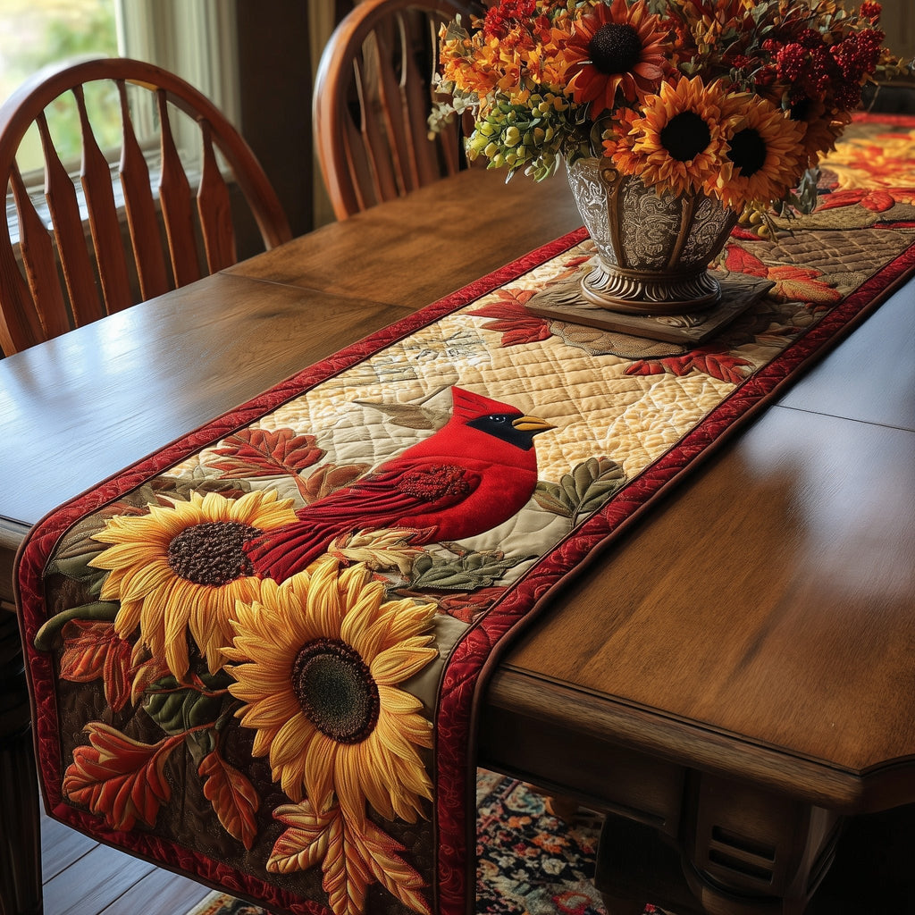 Cardinal Perched on Golden Sunflowers Table Runner