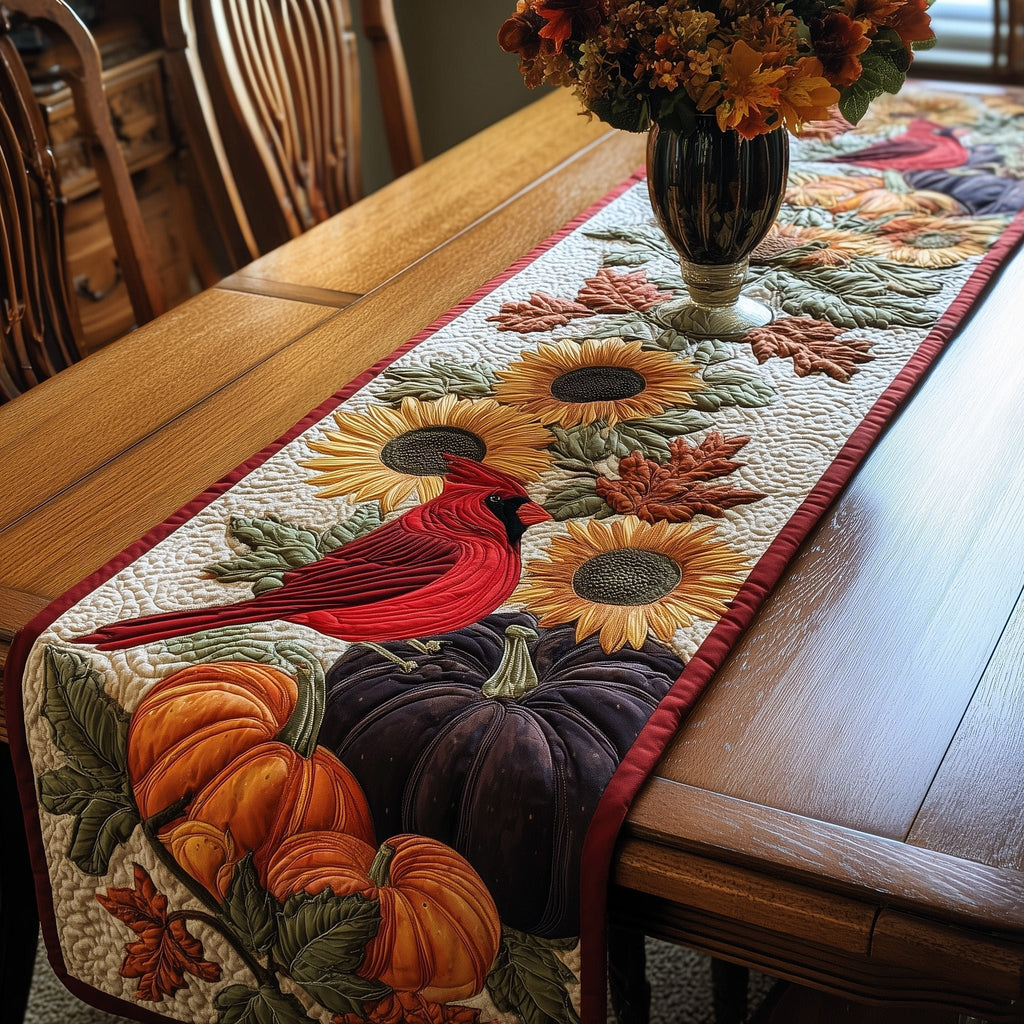 Cardinal Among Sunflowers and Pumpkins Table Runner