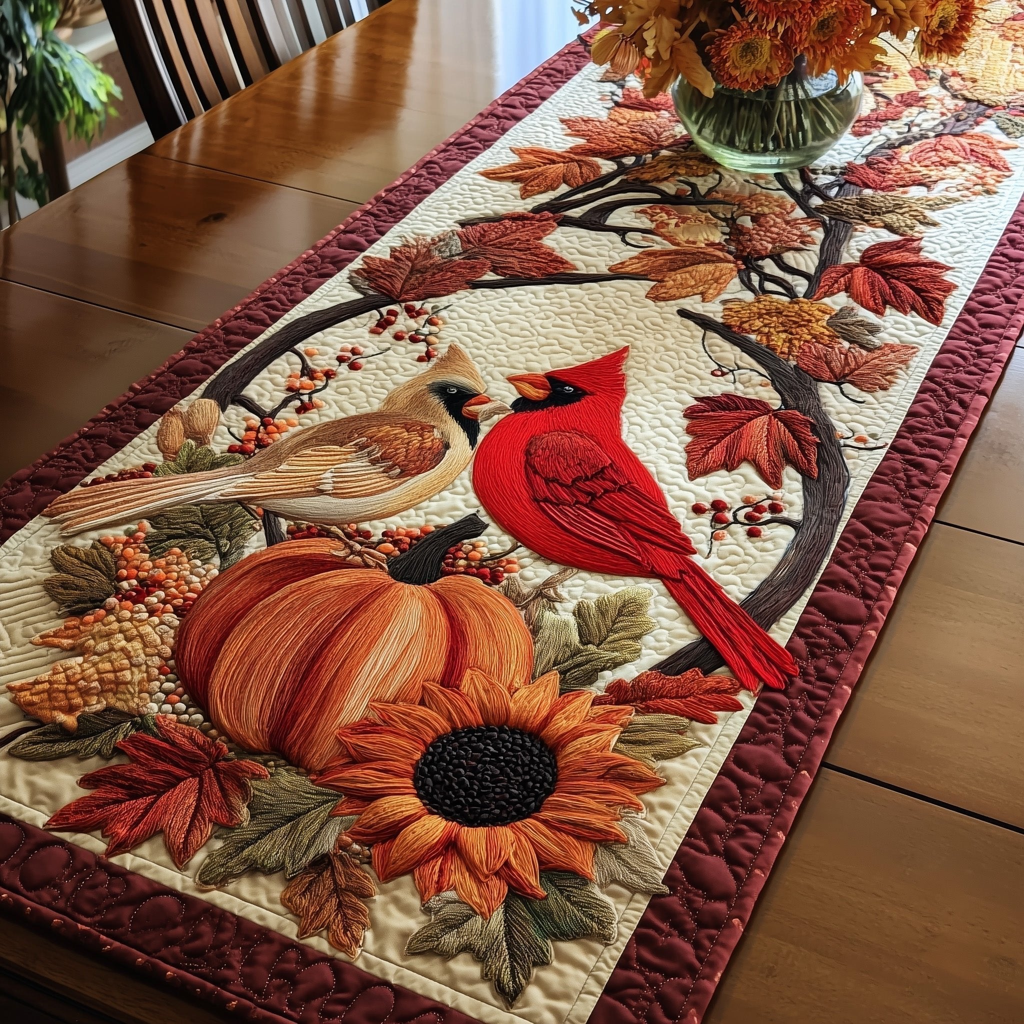 Cardinal Pair in Autumn Arch Table Runner