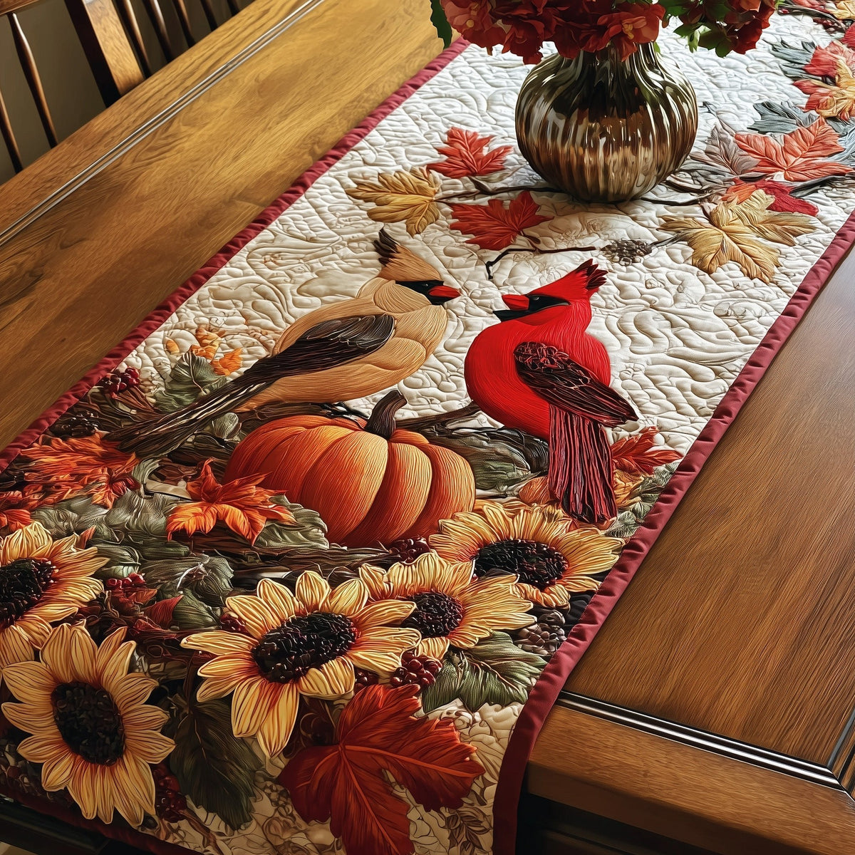 Red and Brown Cardinals with Pumpkins Table Runner