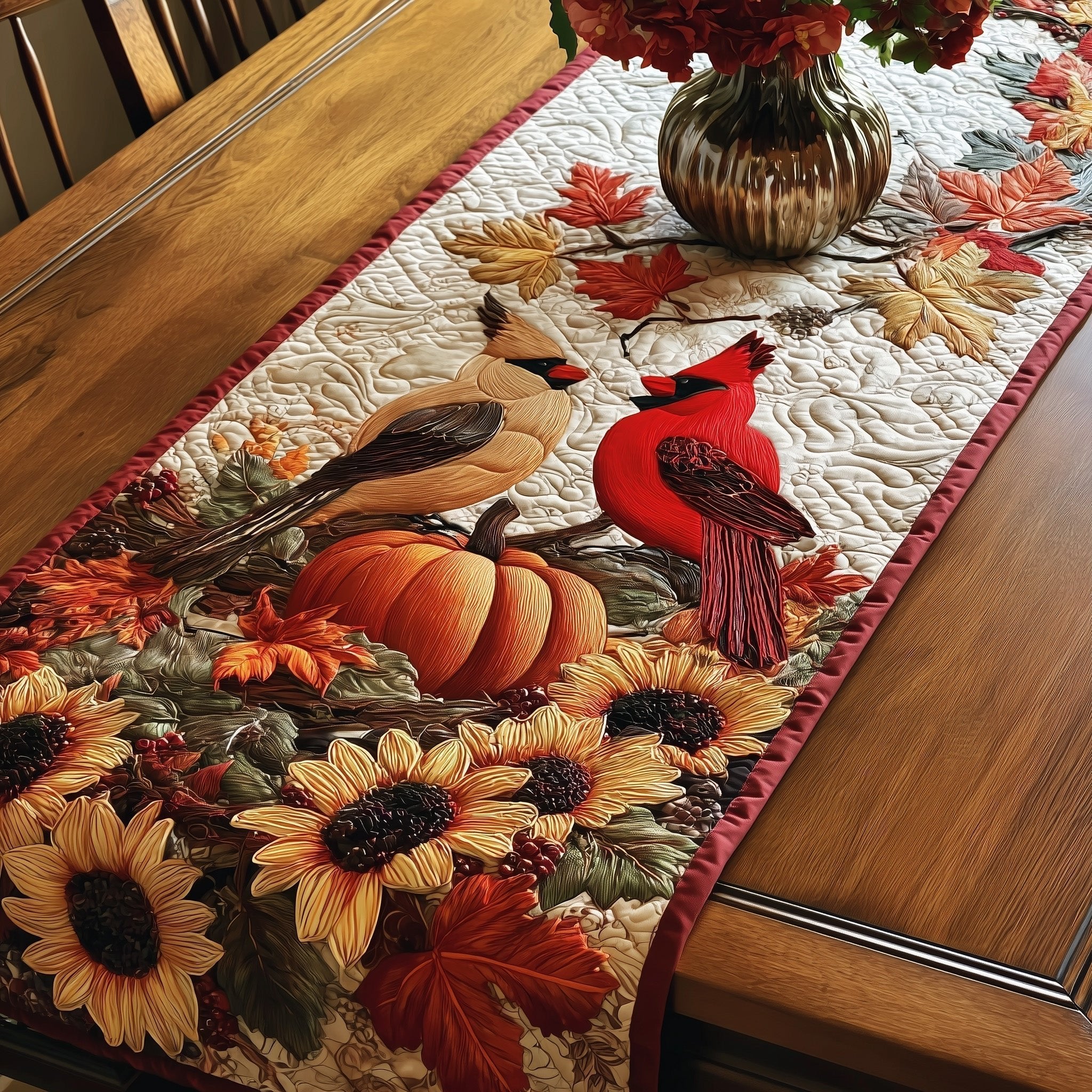 Red and Brown Cardinals with Pumpkins Table Runner