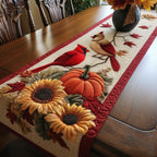 Cardinals and Sunflowers on Red Border Table Runner