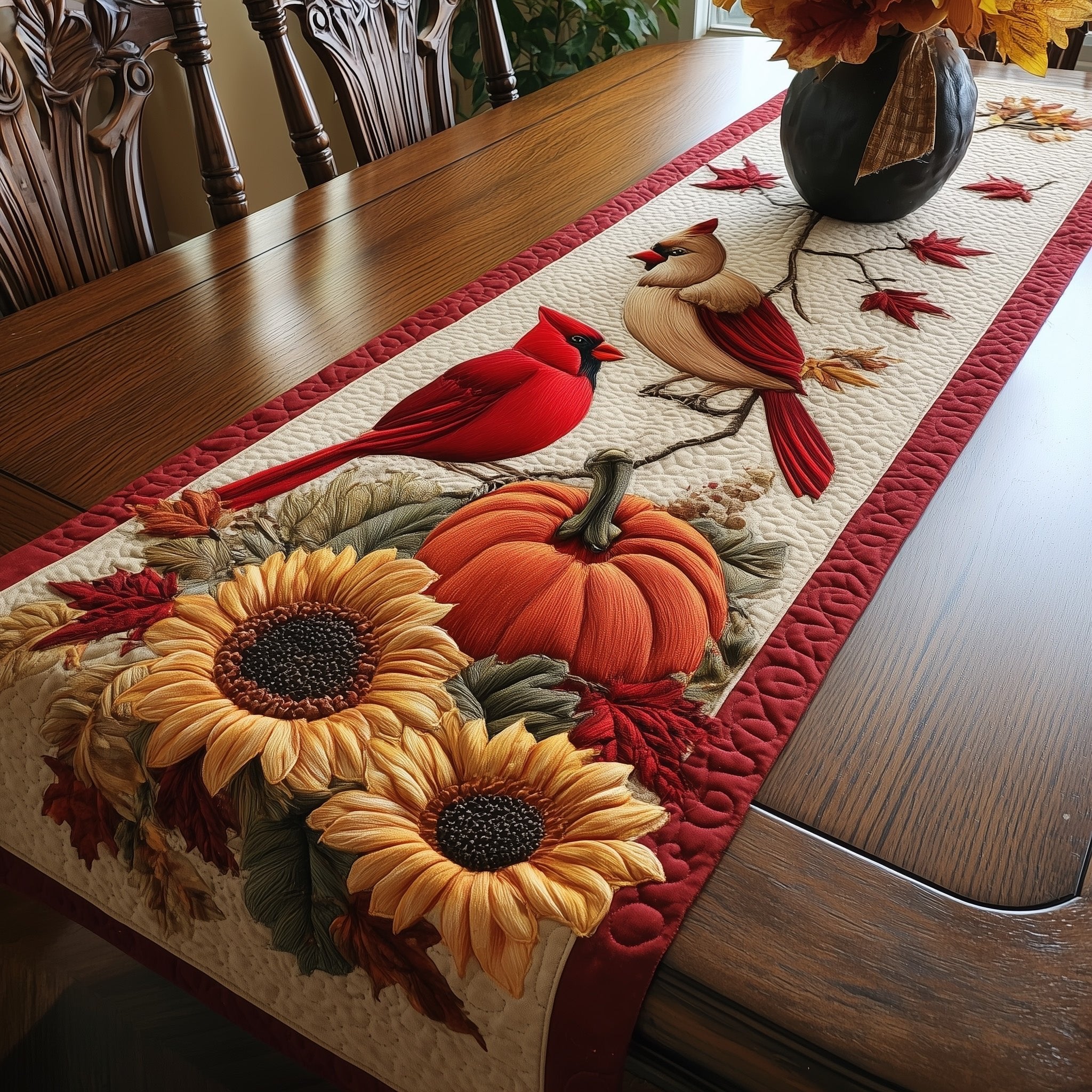 Cardinals and Sunflowers on Red Border Table Runner
