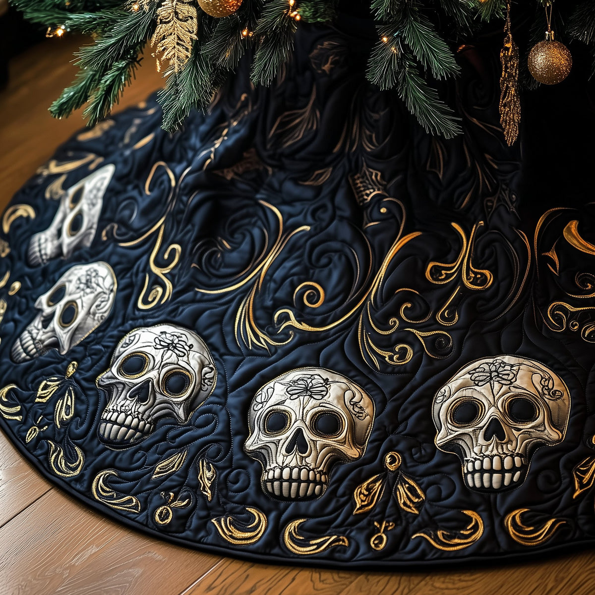 Skulls on Black with Gold Swirls Christmas Tree Skirt