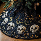 Skulls on Black with Gold Swirls Christmas Tree Skirt