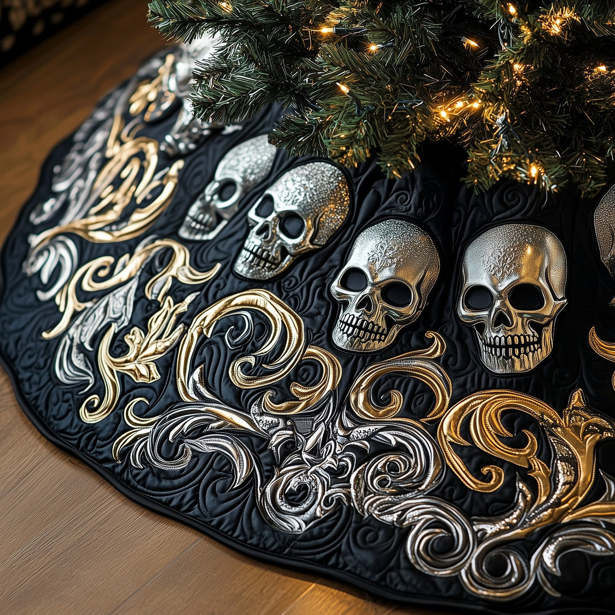 Skulls with Silver Scrollwork Christmas Tree Skirt