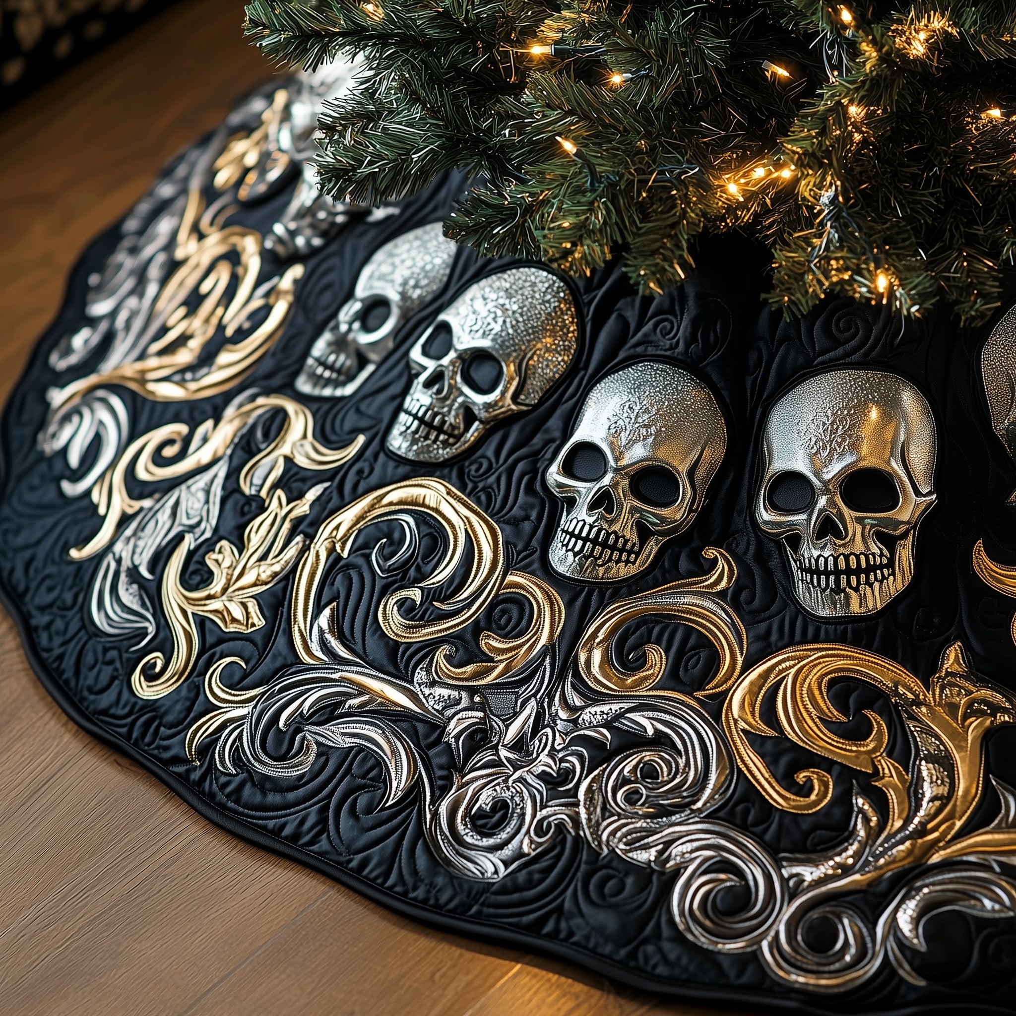 Skulls with Silver Scrollwork Christmas Tree Skirt