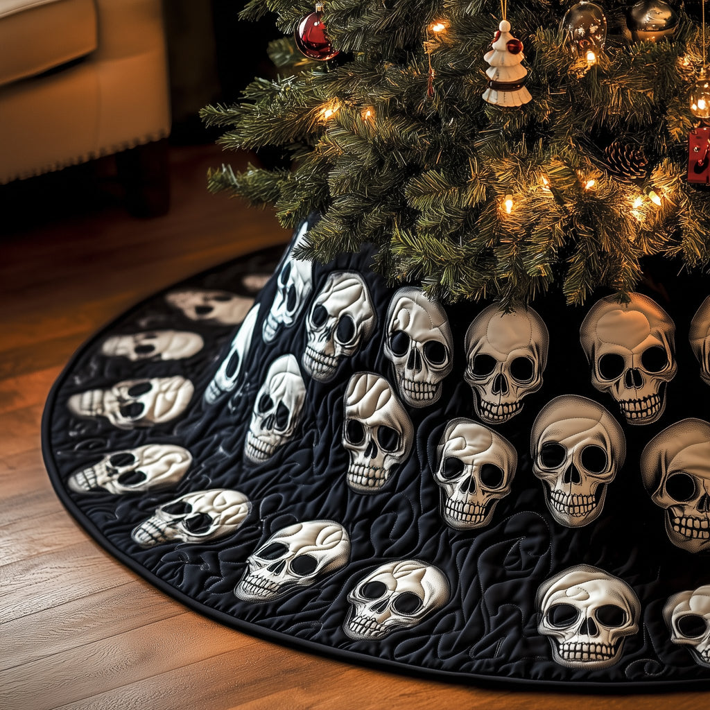 White Skulls Scattered on Black Christmas Tree Skirt