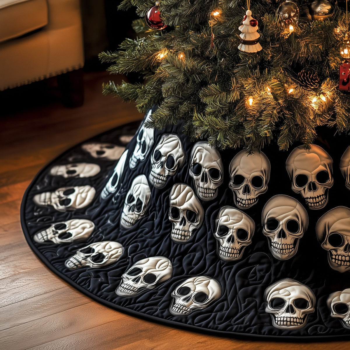White Skulls Scattered on Black Christmas Tree Skirt