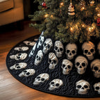 White Skulls Scattered on Black Christmas Tree Skirt