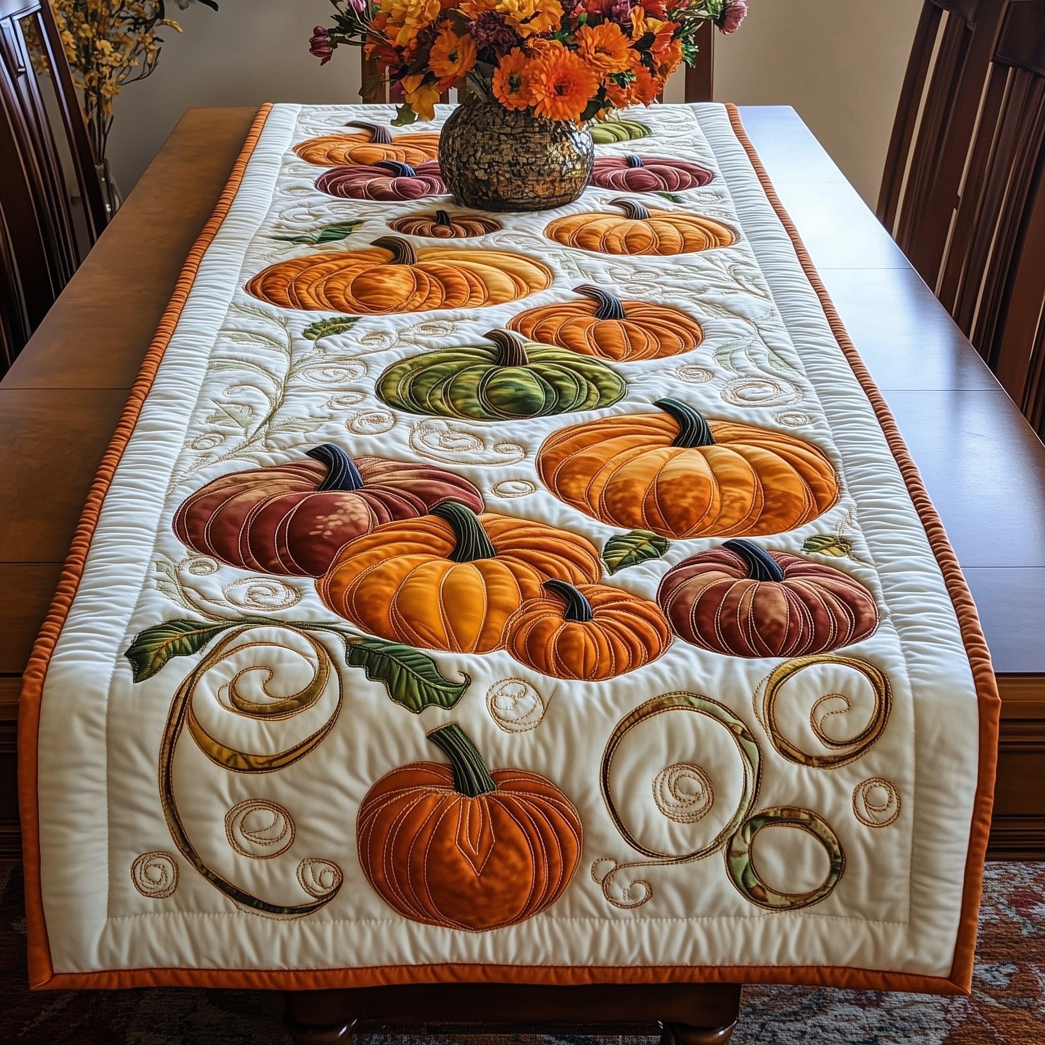 Pumpkins on Swirled Cream Table Runner