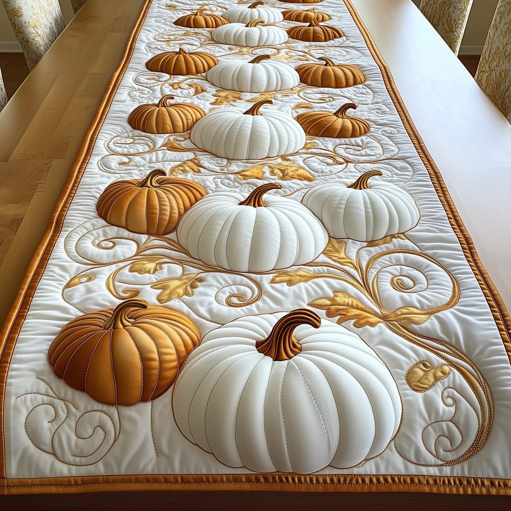 White and Gold Pumpkins with Swirls Table Runner