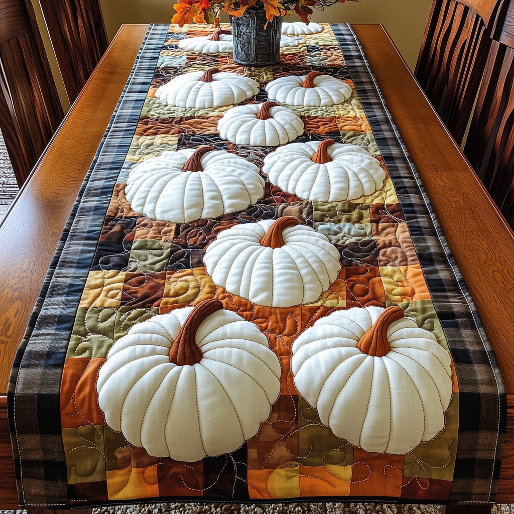 White Pumpkins on Autumn Plaid Table Runner
