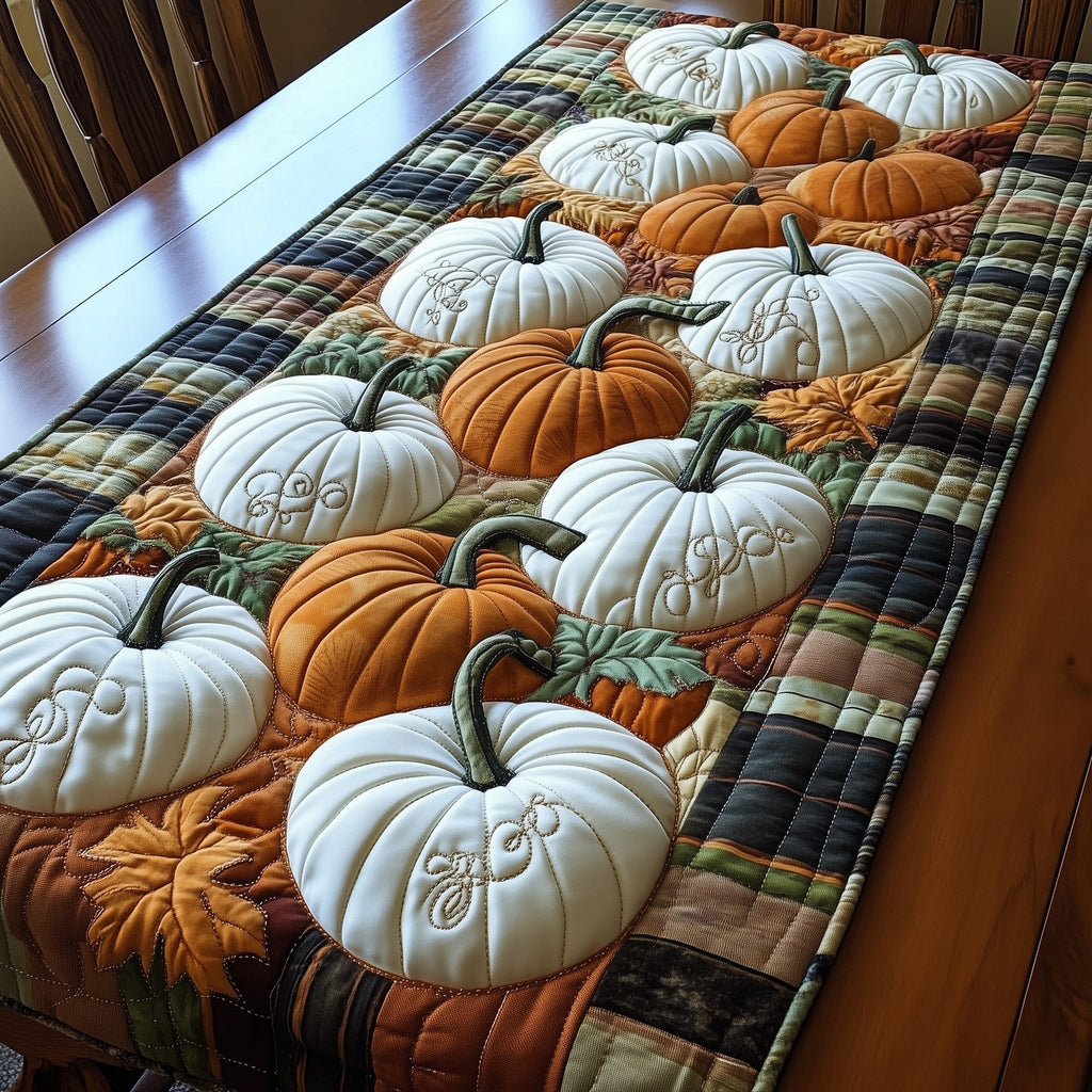 White Pumpkins with Plaid Border Table Runner
