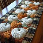 White Pumpkins with Plaid Border Table Runner