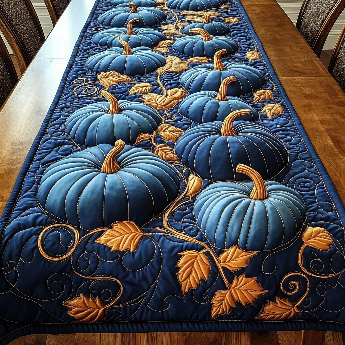 Blue Pumpkins with Golden Vines Table Runner
