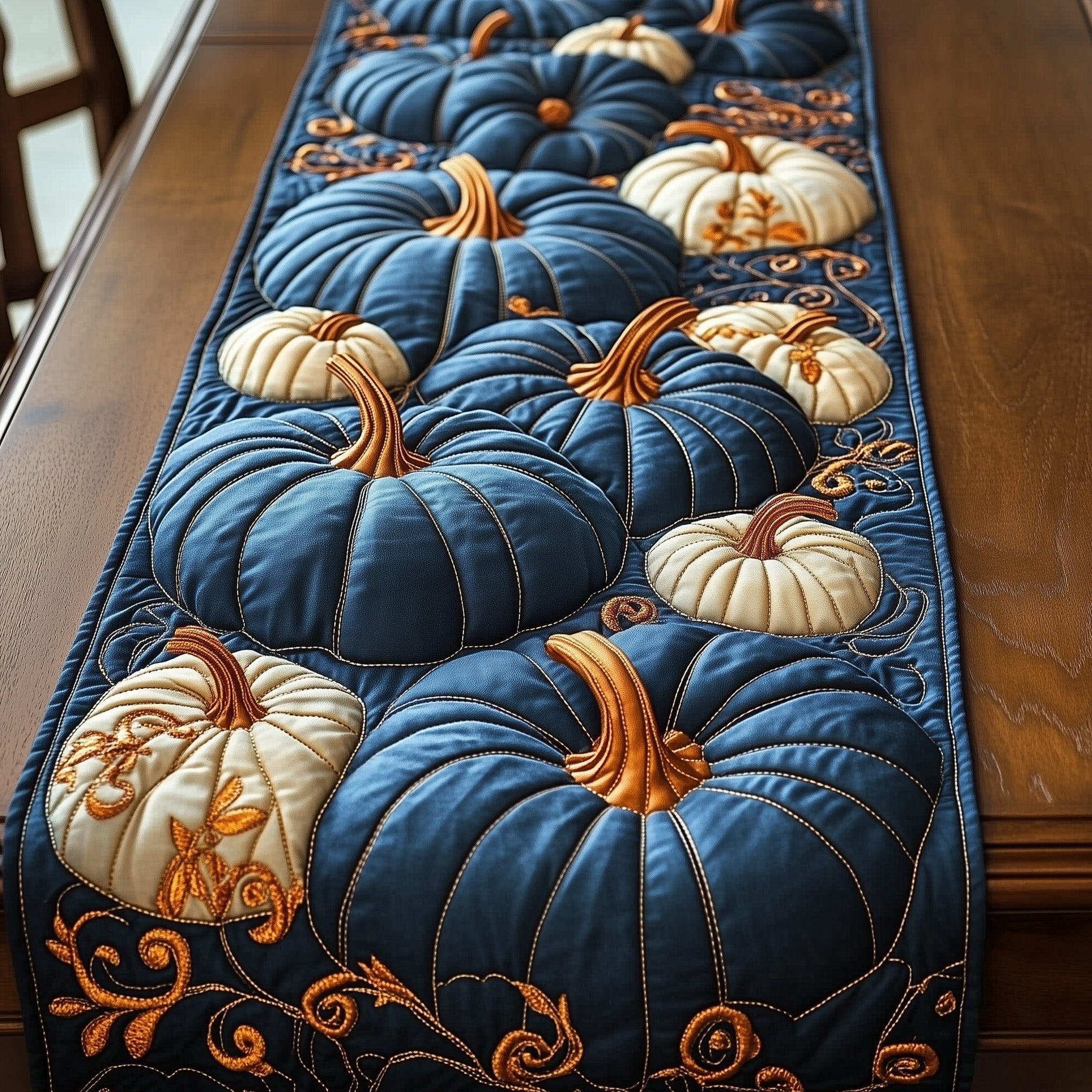 Blue and Cream Pumpkins Table Runner