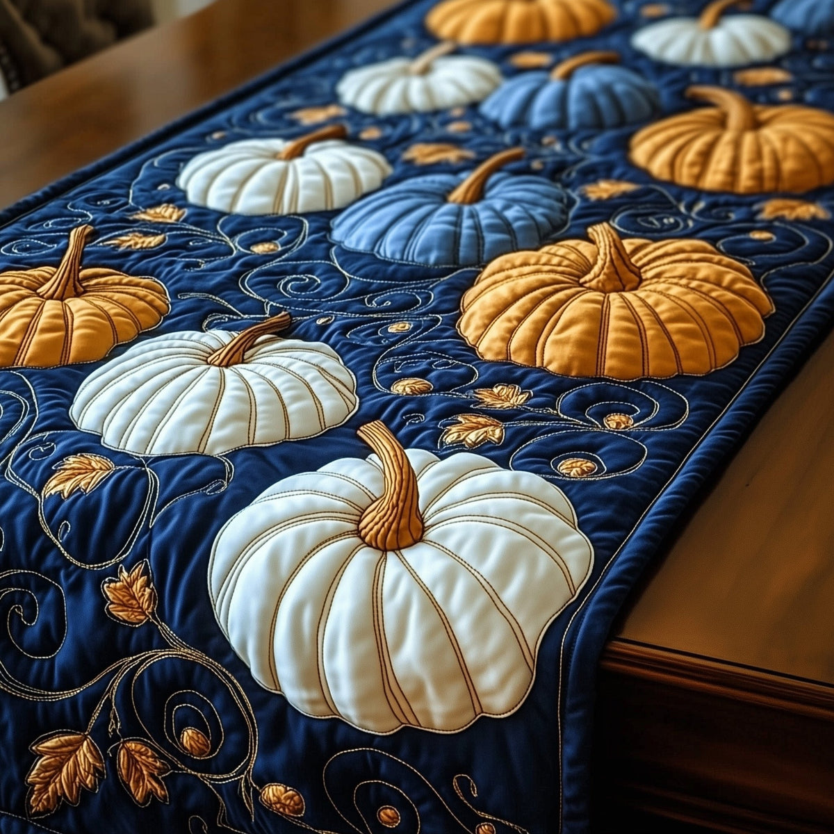 White Pumpkin on Deep Blue Table Runner
