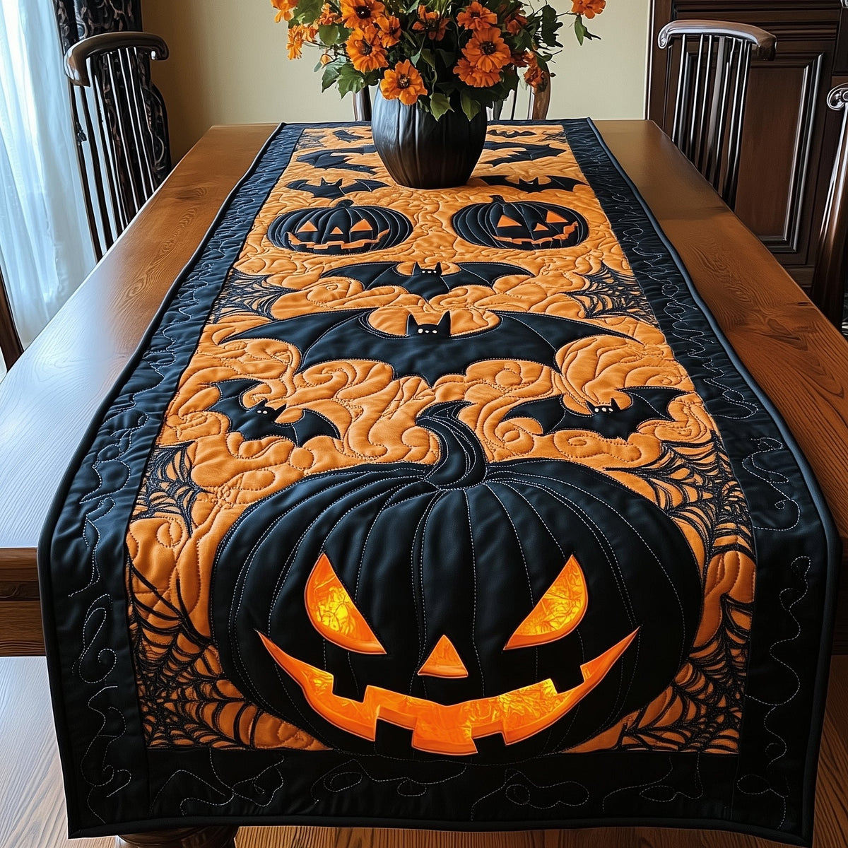 Black Jack o Lantern with Bats Table Runner
