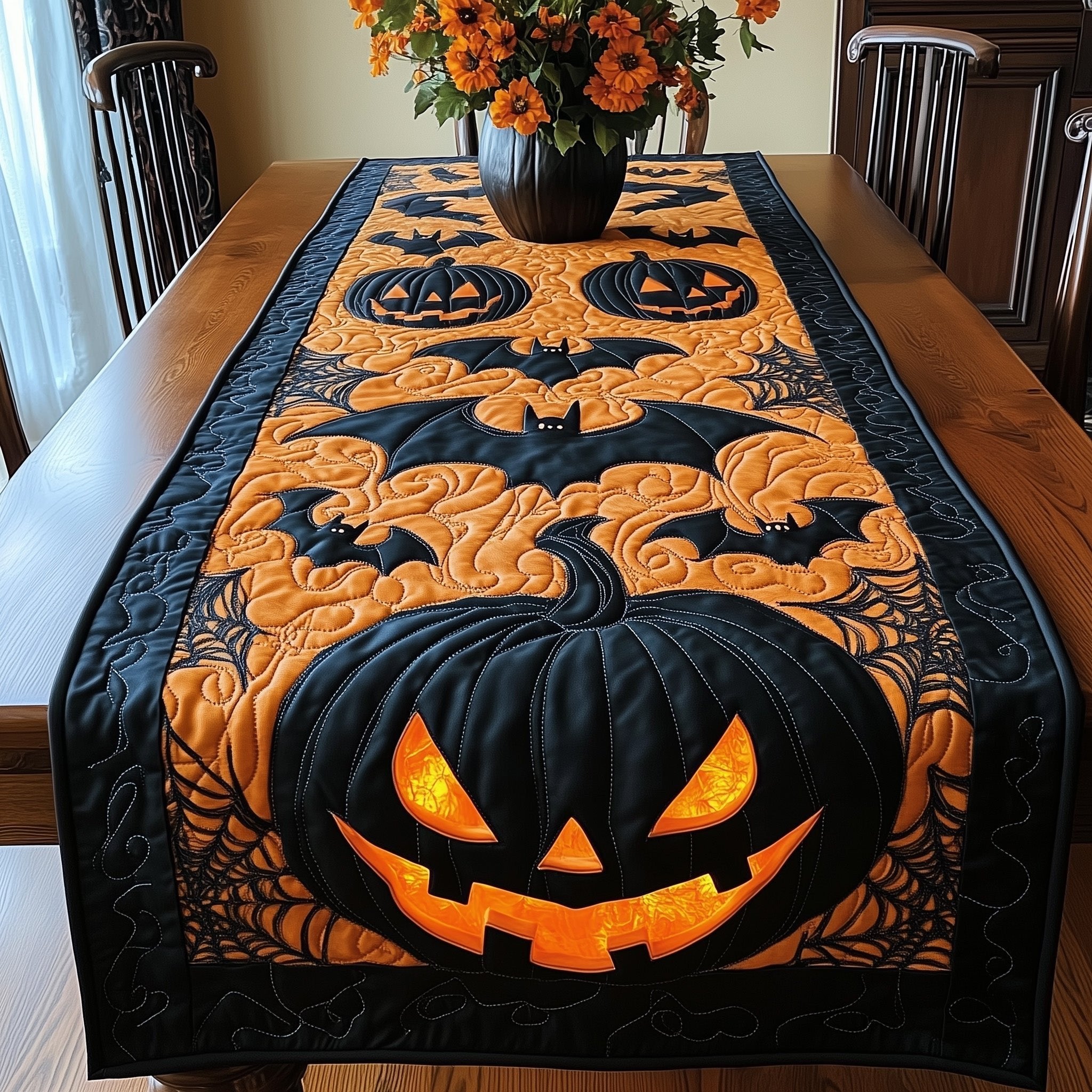 Black Jack o Lantern with Bats Table Runner