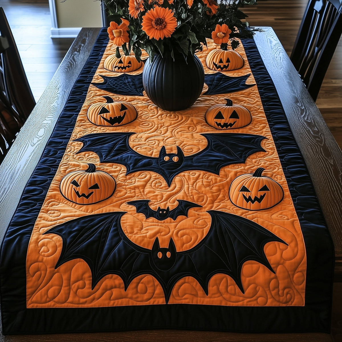 Bats and Pumpkins on Orange Table Runner