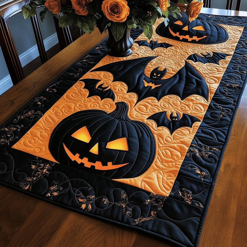 Glowing Pumpkin Beneath Black Bats Table Runner