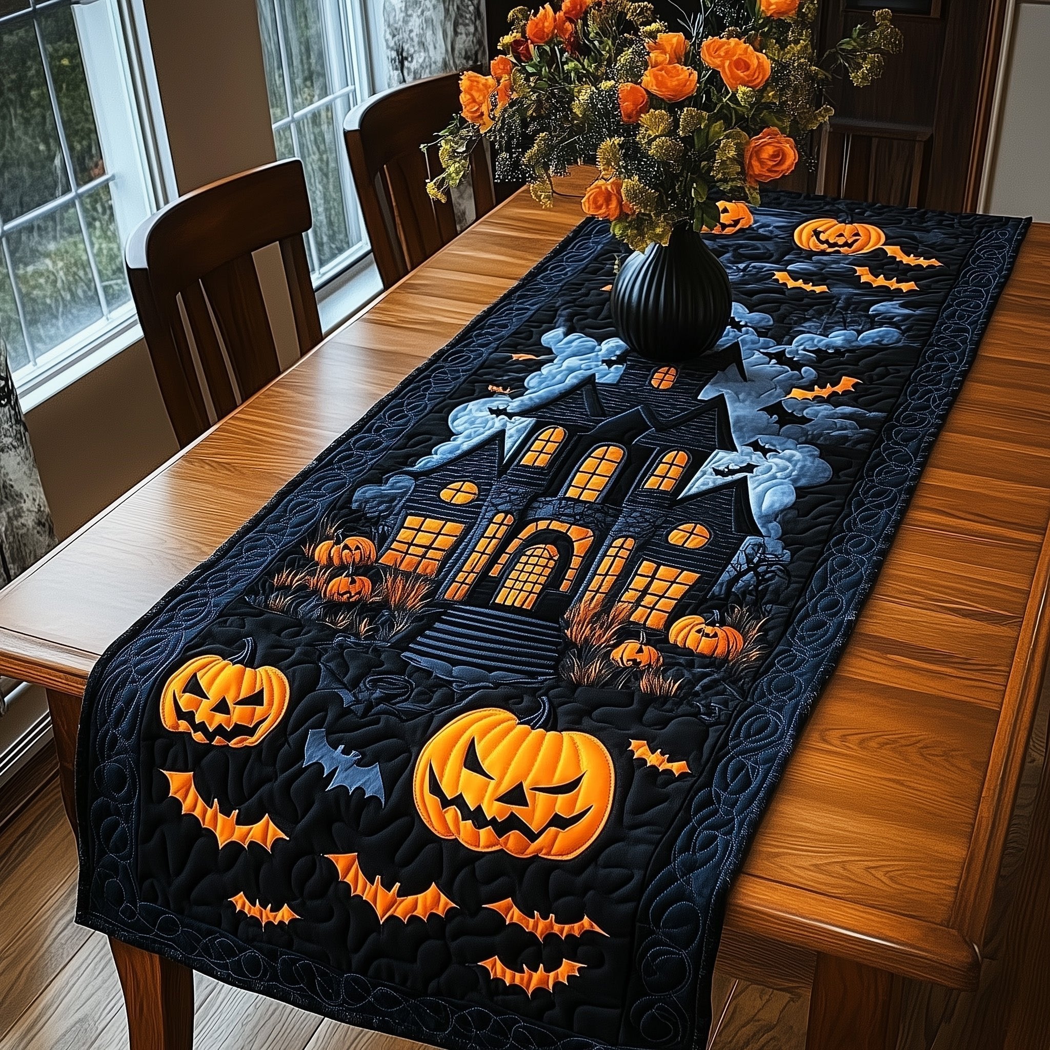 Haunted House with Bats and Pumpkins Table Runner