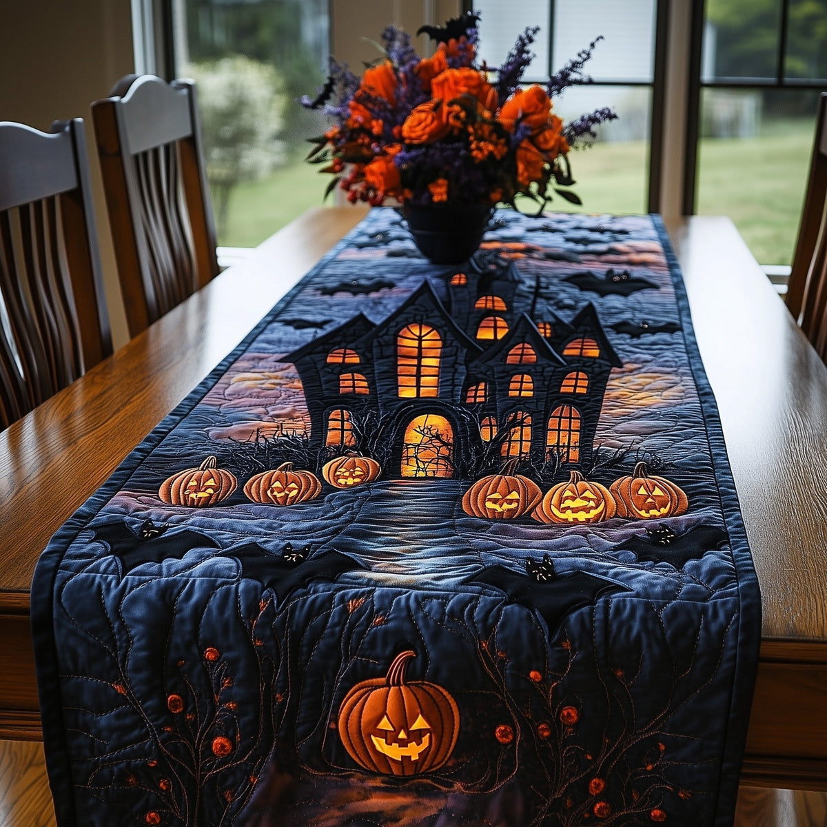 Haunted House with Glowing Jack o Lanterns Table Runner