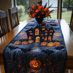 Haunted House with Glowing Jack o Lanterns Table Runner