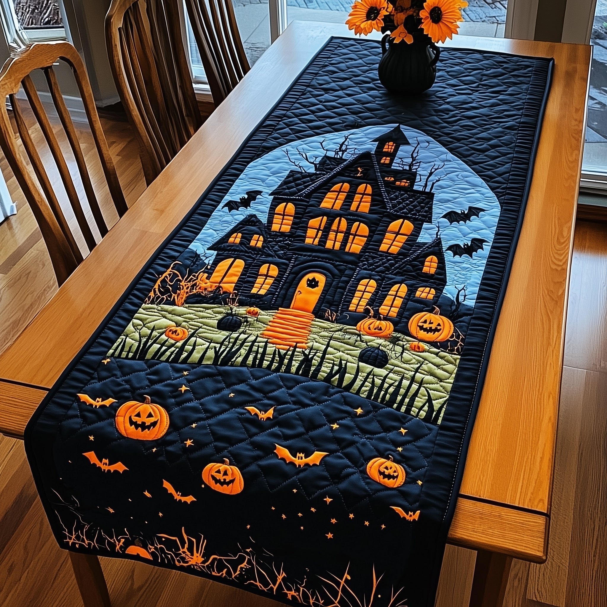 Blue Haunted House Over Pumpkin Field Table Runner