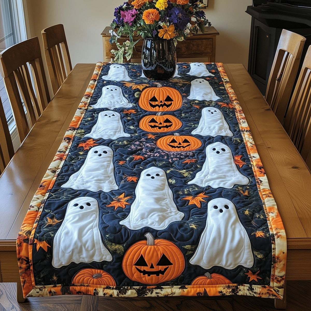White Ghosts Among Pumpkins Table Runner