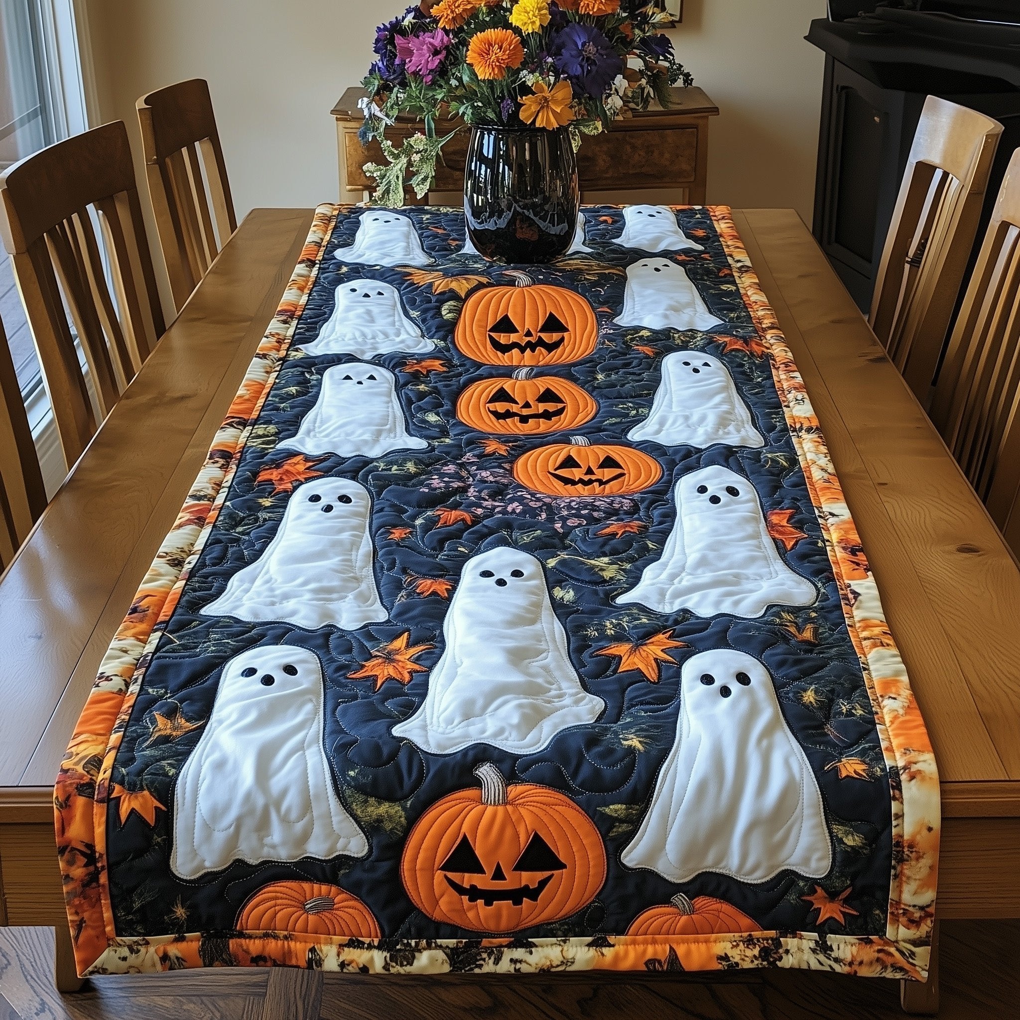 White Ghosts Among Pumpkins Table Runner