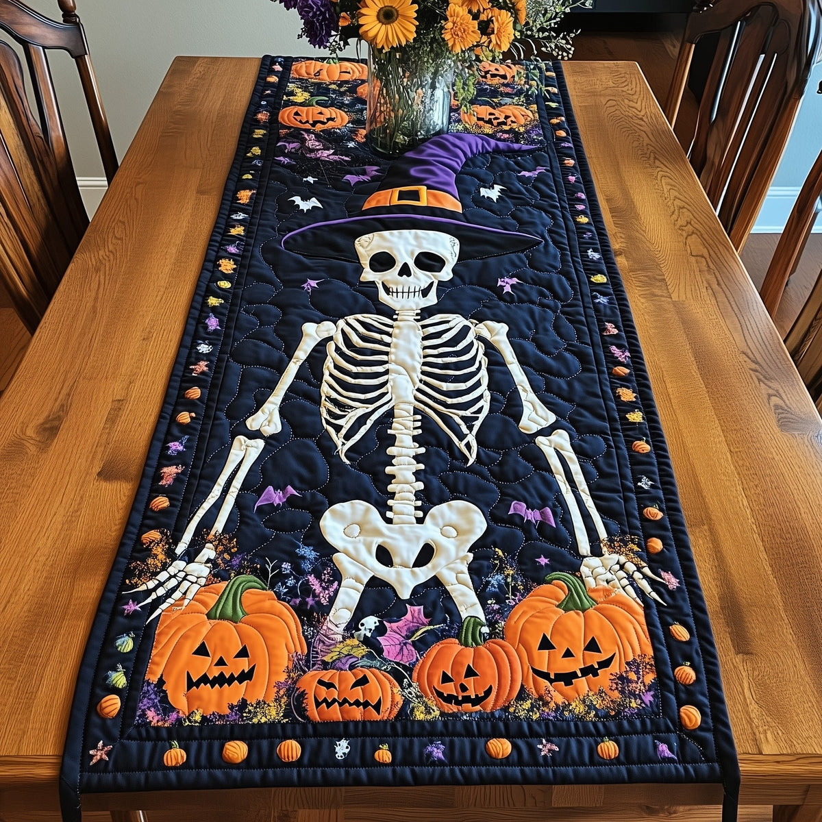 Skeleton in a Witch Hat Table Runner
