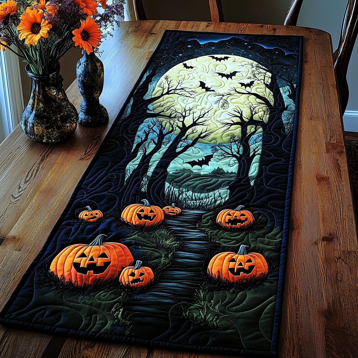Pumpkins in a Bat Filled Forest Table Runner