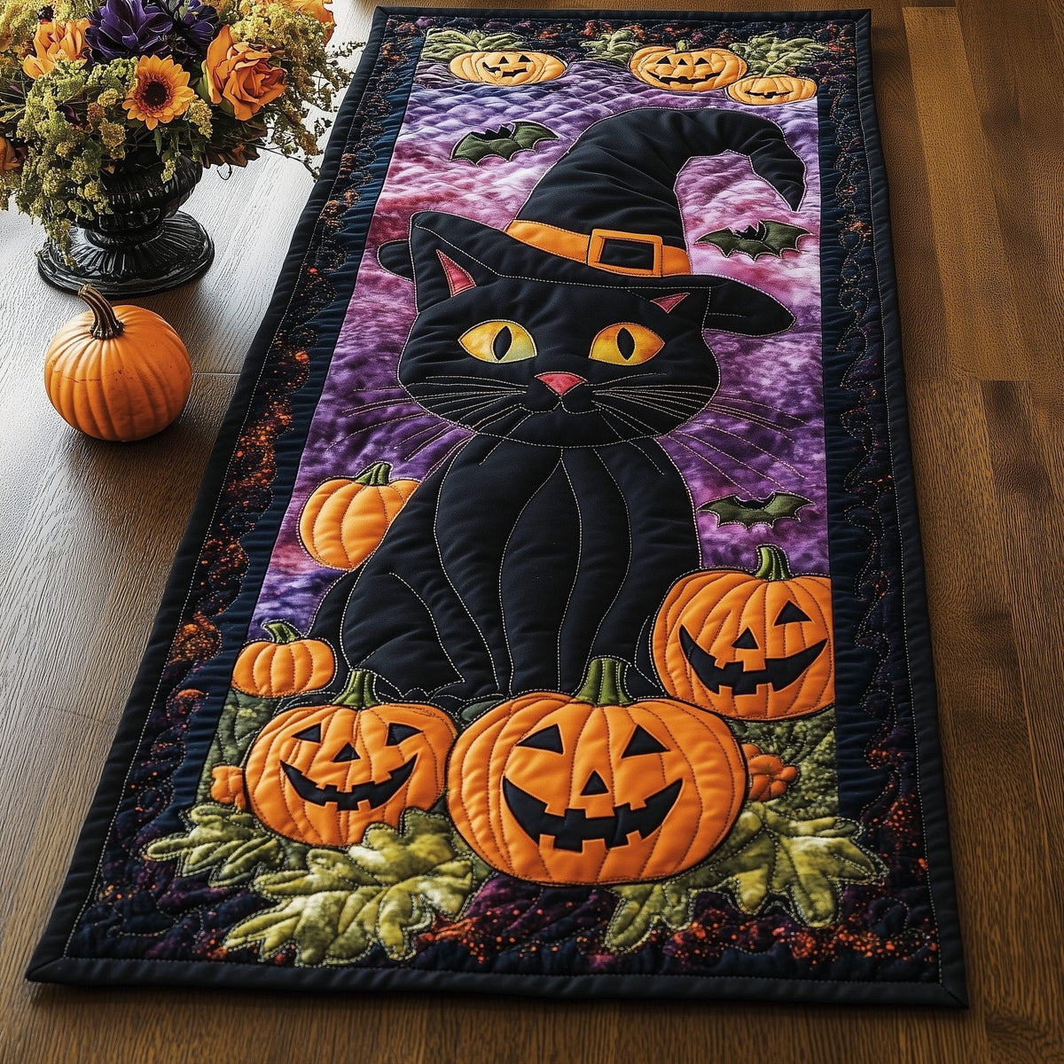 Black Cat with Jack o Lanterns Table Runner
