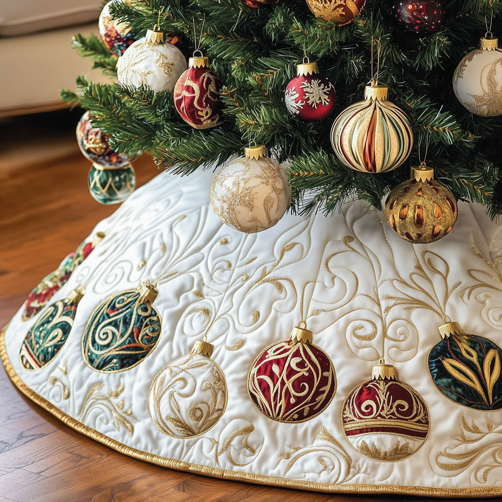 Gilded Baubles on Cream Swirl Christmas Tree Skirt