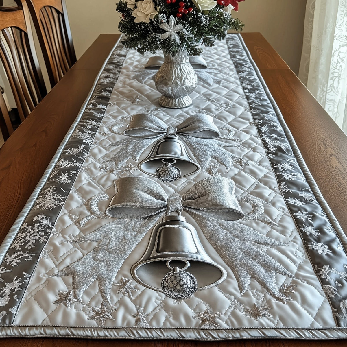 Silver Bells on White Quilting Table Runner