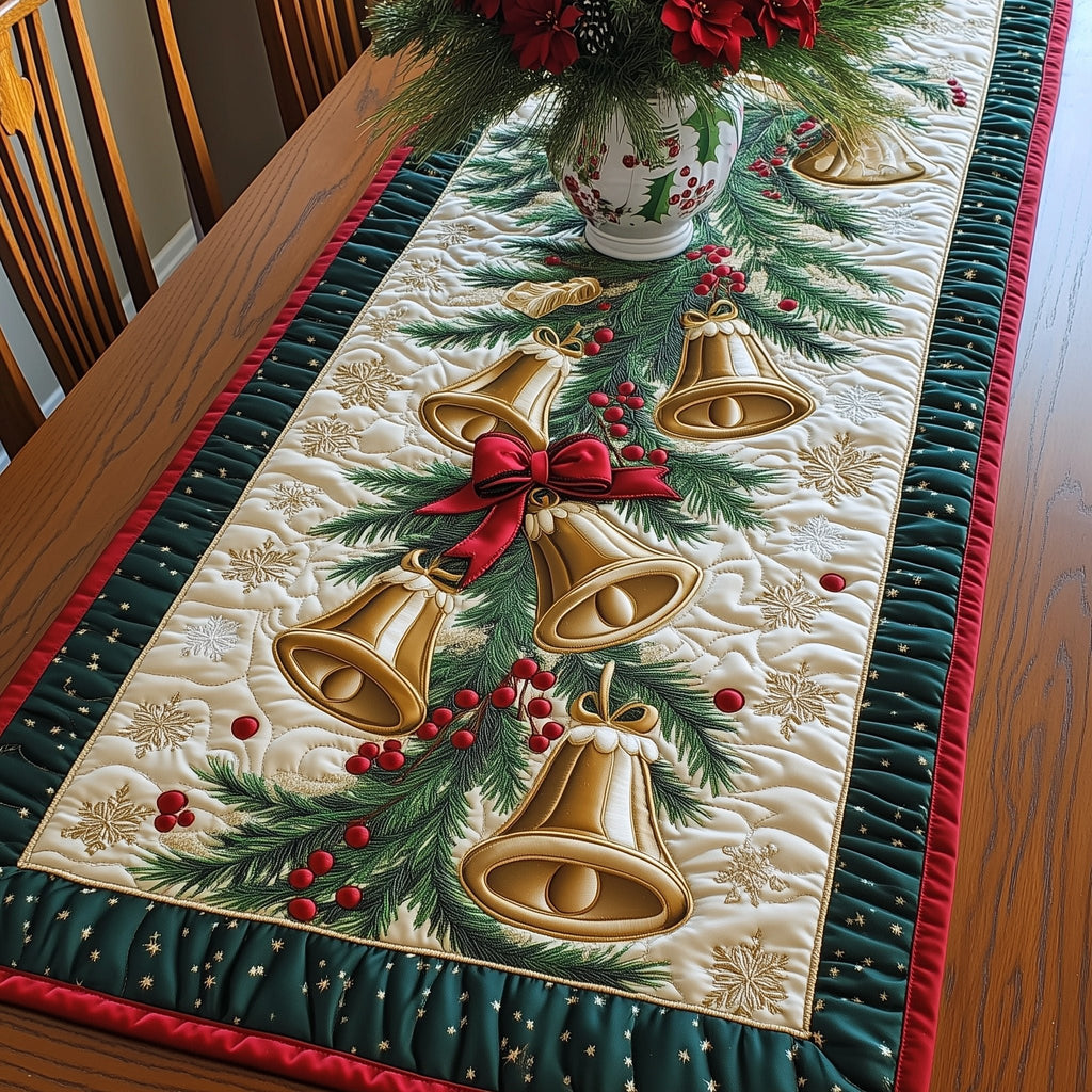 Golden Bells with Red Bows Table Runner