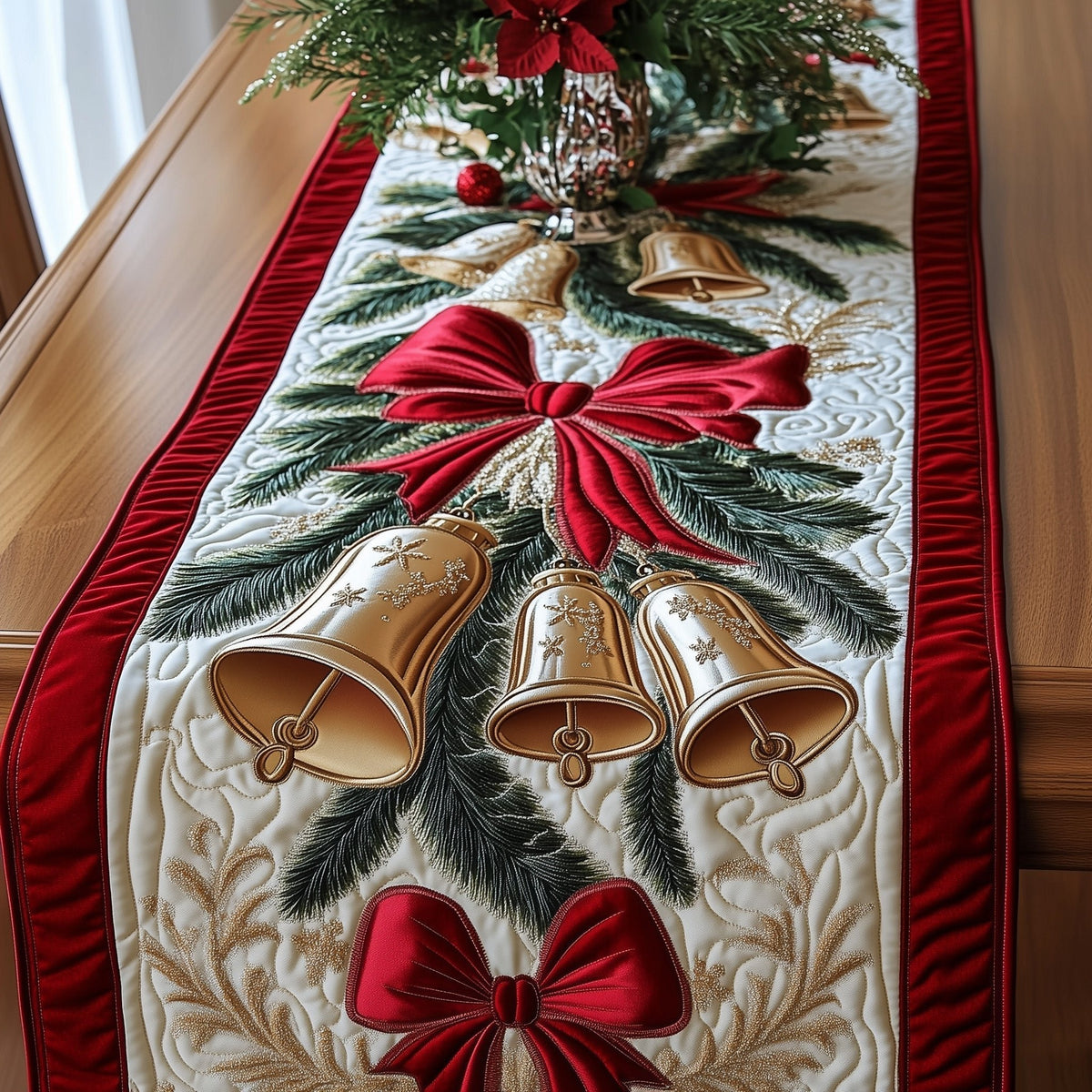 White Bells with Red Bow Table Runner