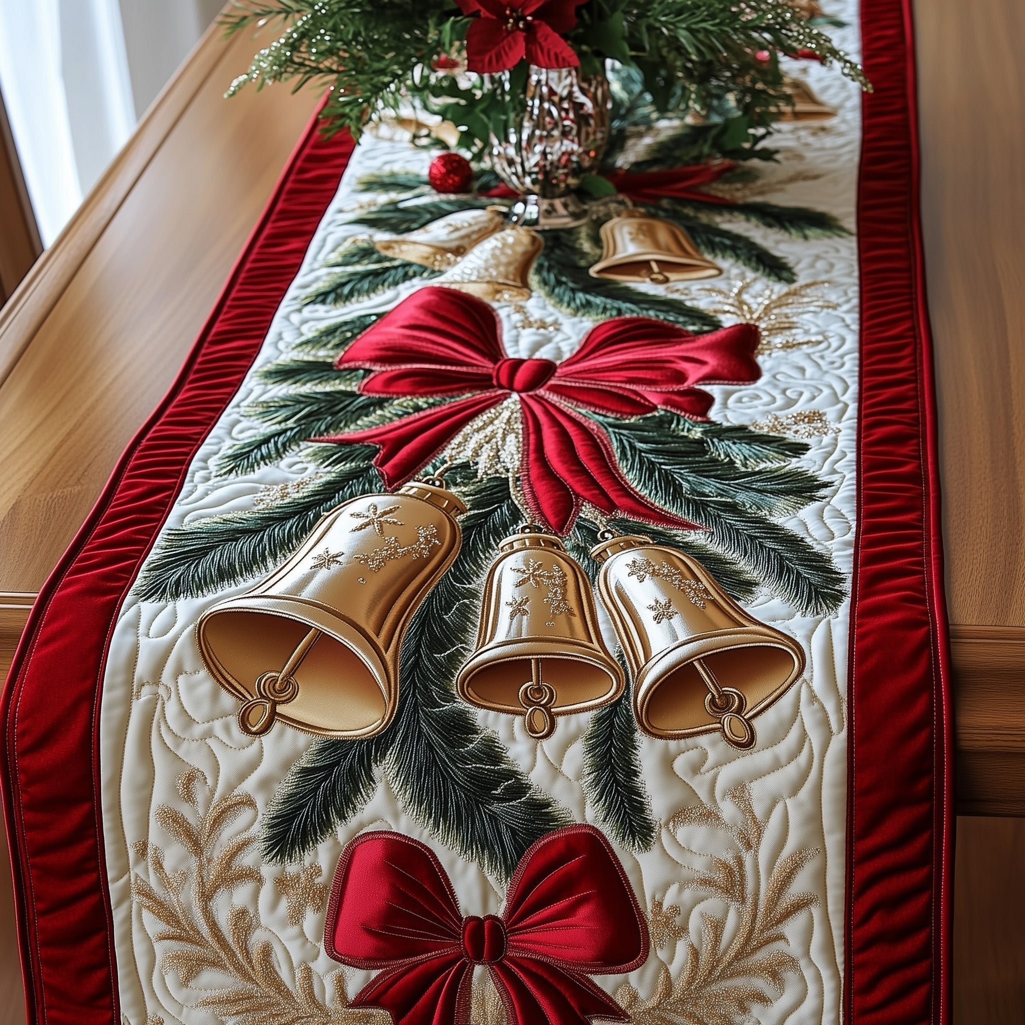 White Bells with Red Bow Table Runner
