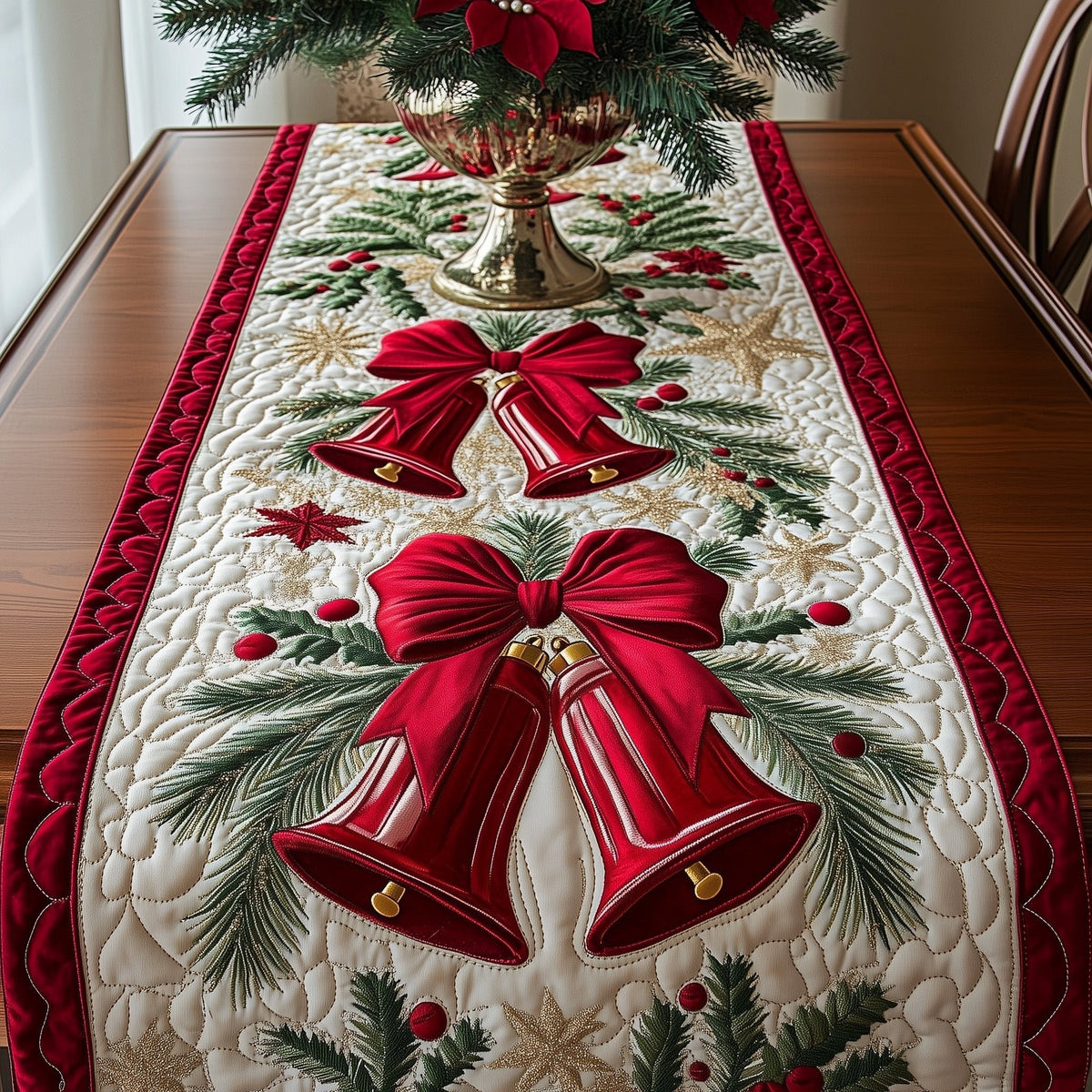 Red Bells with Pine Sprigs Table Runner