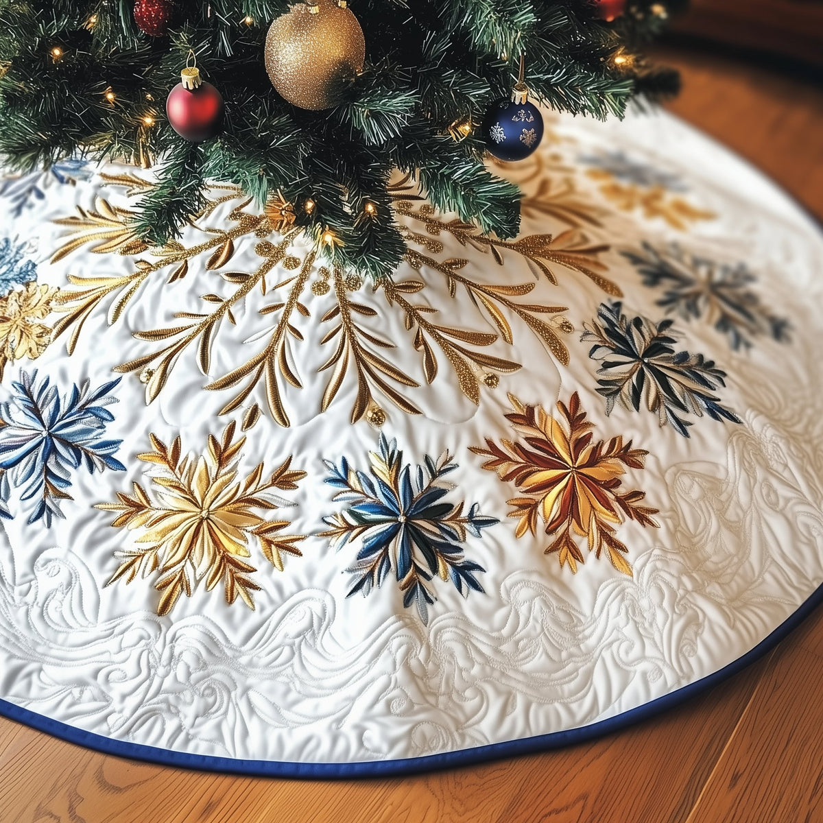 Gold and Blue Snowflakes on White Christmas Tree Skirt