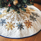 Gold and Blue Snowflakes on White Christmas Tree Skirt