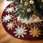 White and Gold Snowflakes on Burgundy Christmas Tree Skirt