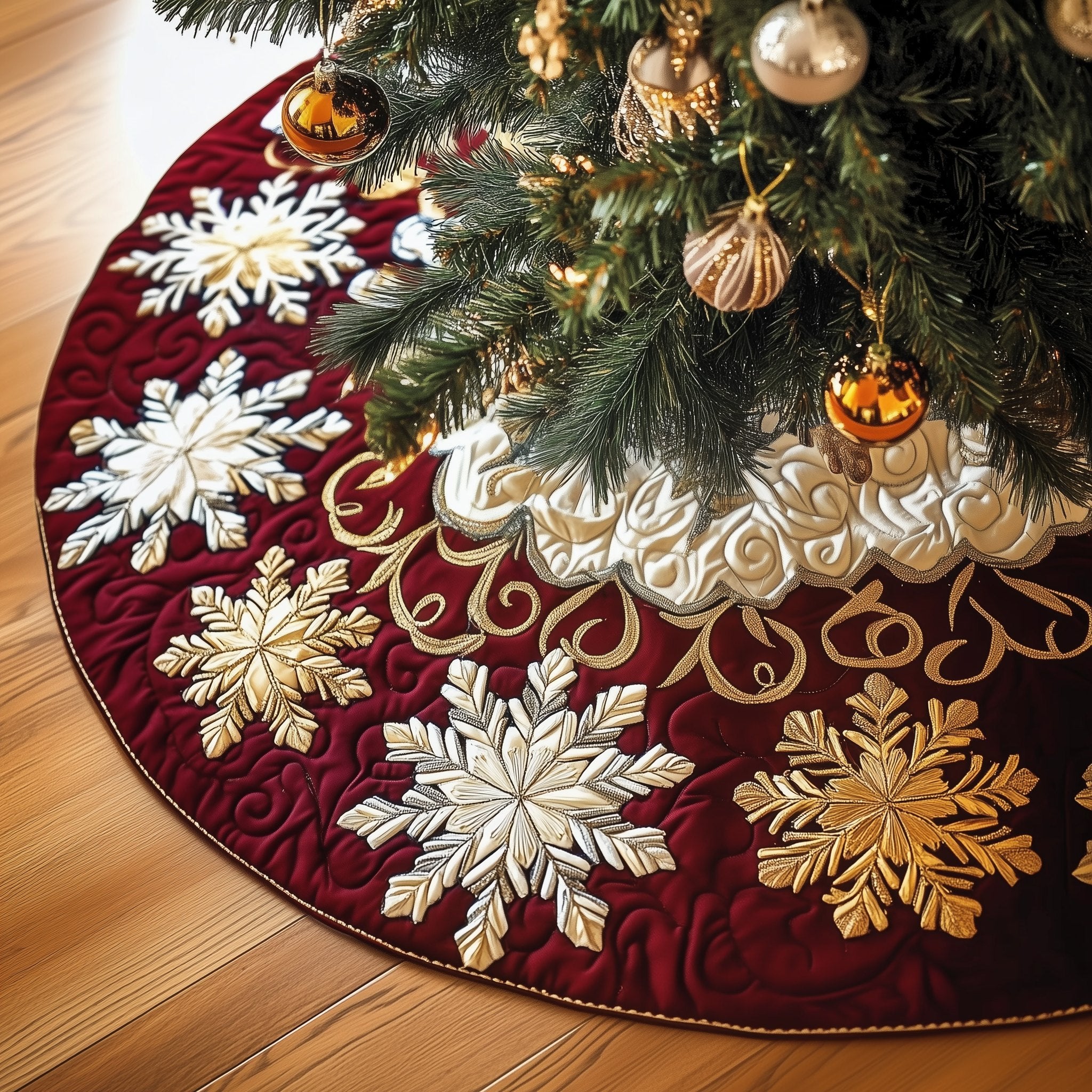White and Gold Snowflakes on Burgundy Christmas Tree Skirt