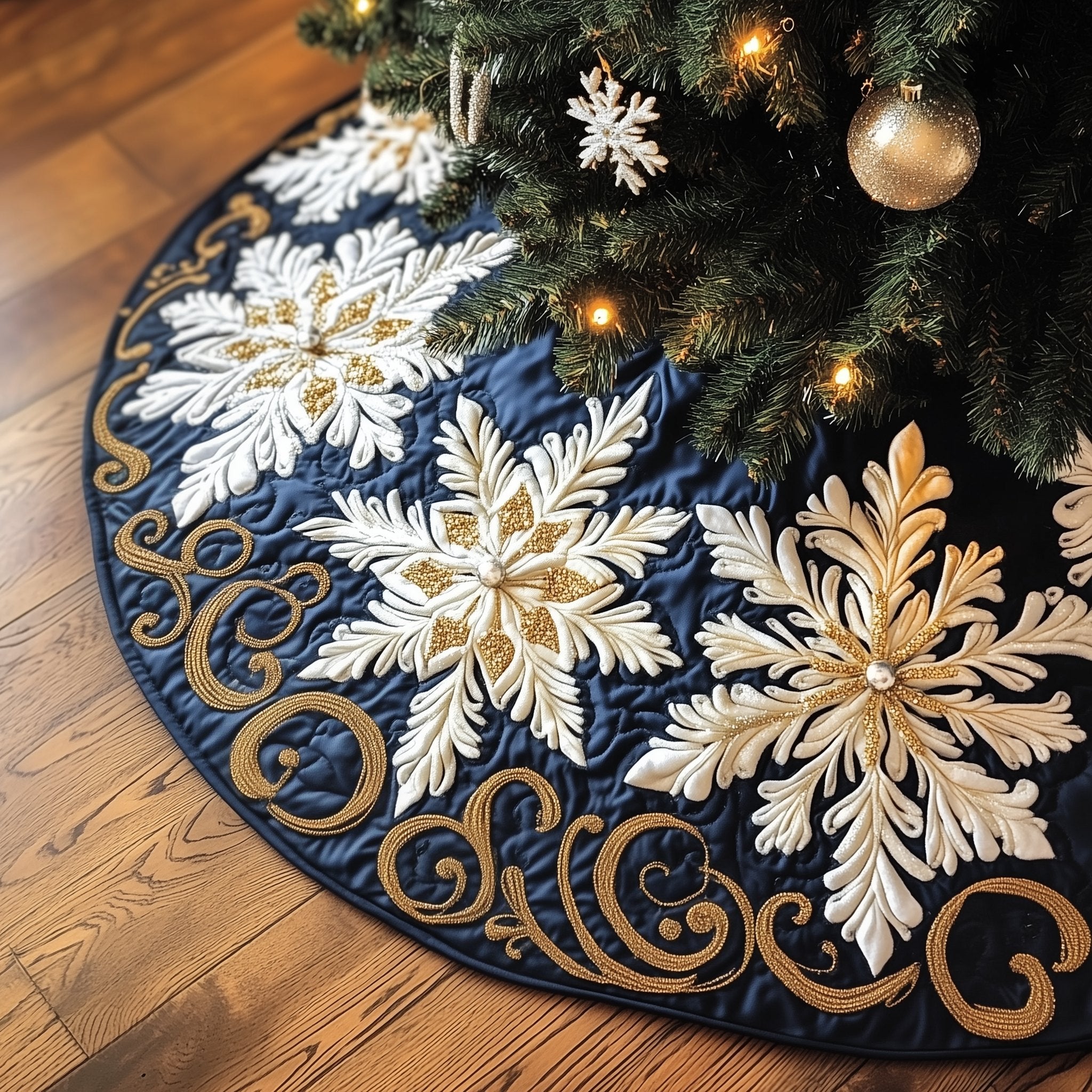 White Snowflakes on Navy with Gold Scrolls Christmas Tree Skirt