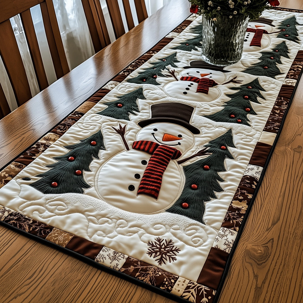 Snowman in Top Hat on Cream Table Runner