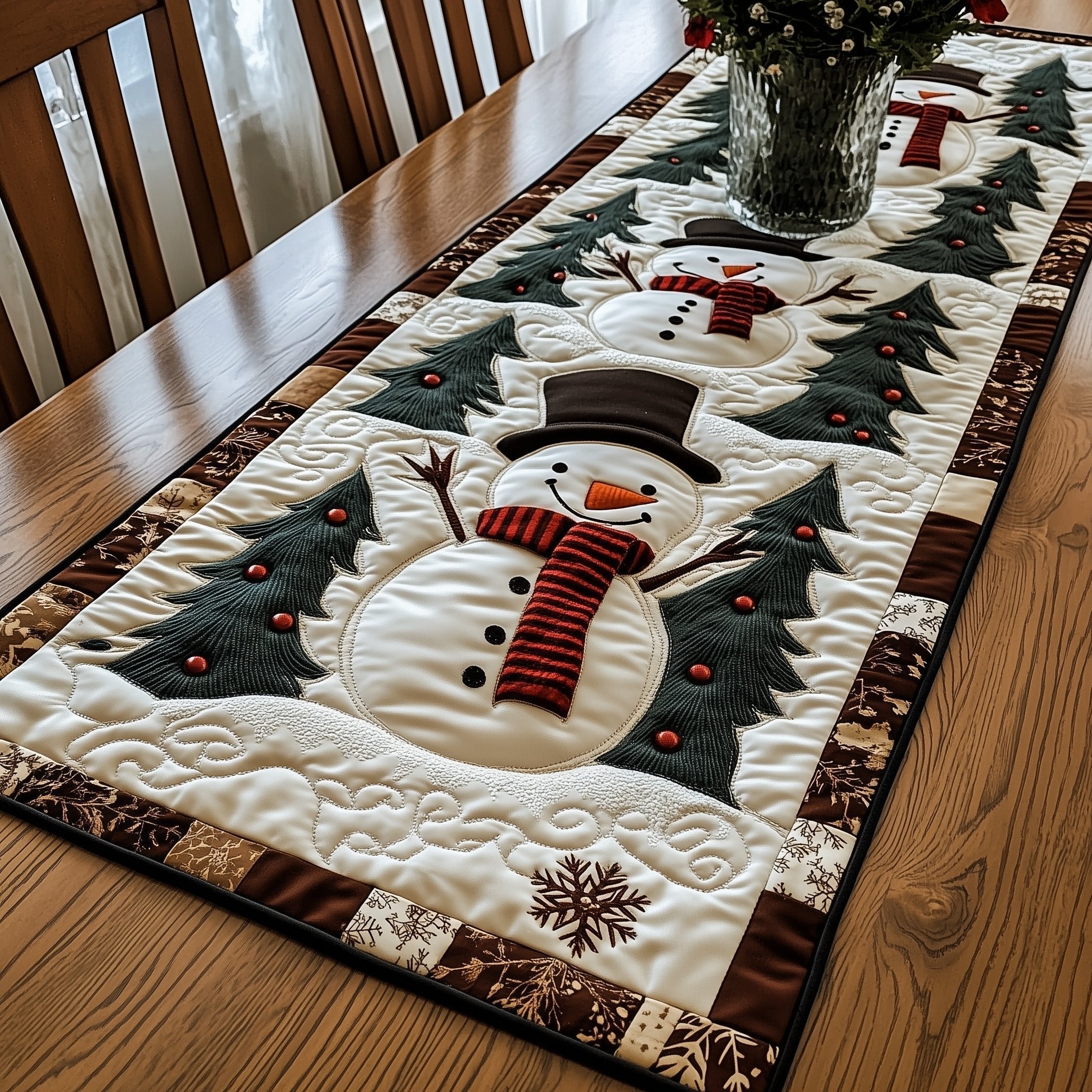 Snowman in Top Hat on Cream Table Runner