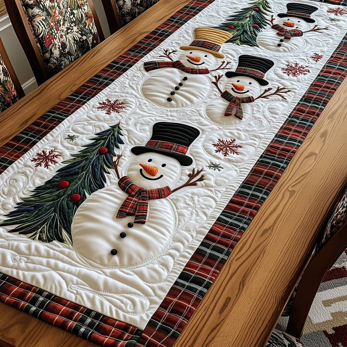 Top Hat Snowman with Pine Branches Table Runner