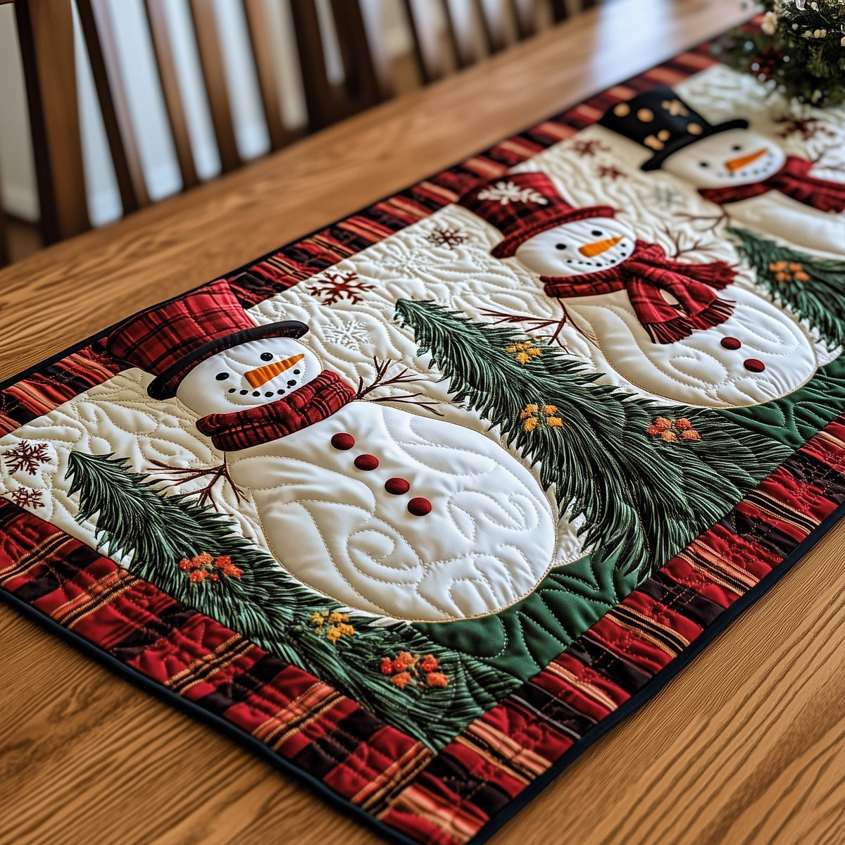 Snowman with Red Plaid Border Table Runner